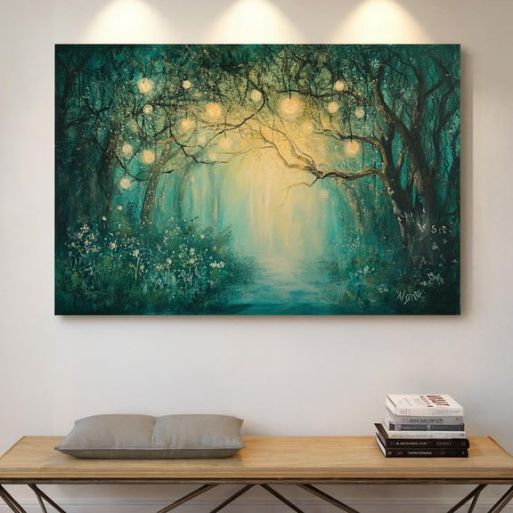 Velto Whimsical Forest Path with Hanging Lights - Enchanting Wall Art Canvas - Mystical Nature Landscape for Home and Office Decor, SIZE 8x10 INCLUDE Pine Wood Frame 1.25-Inch