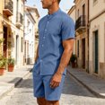 thumbnail image 5 of LTTVQM Men Relax Fit Soft Plain Cotton Linen Stand Neck Button Tee Stretch Drawstring Short Pant Summer Indoor Outdoor Lounge Outfit Set Sky Blue M, 5 of 6