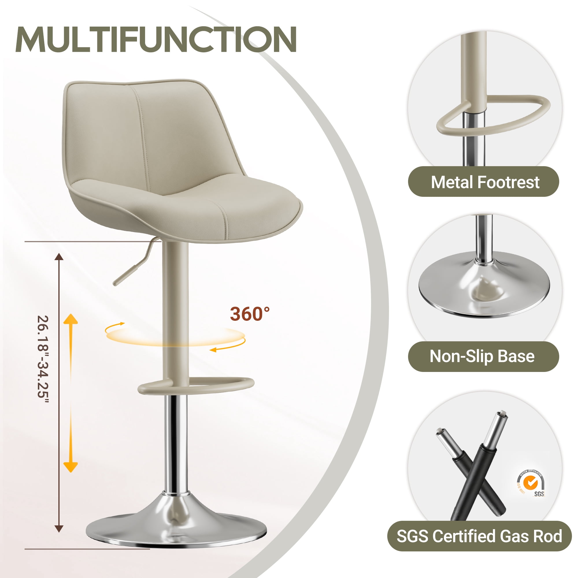 EOP Upholstered Bar Stools Set of 6, Adjustable Swivel Counter Height Bar Chairs with Backrest, Modern PU Leather Counter Stools for Bar, Kitchen, Dining Room, Beige