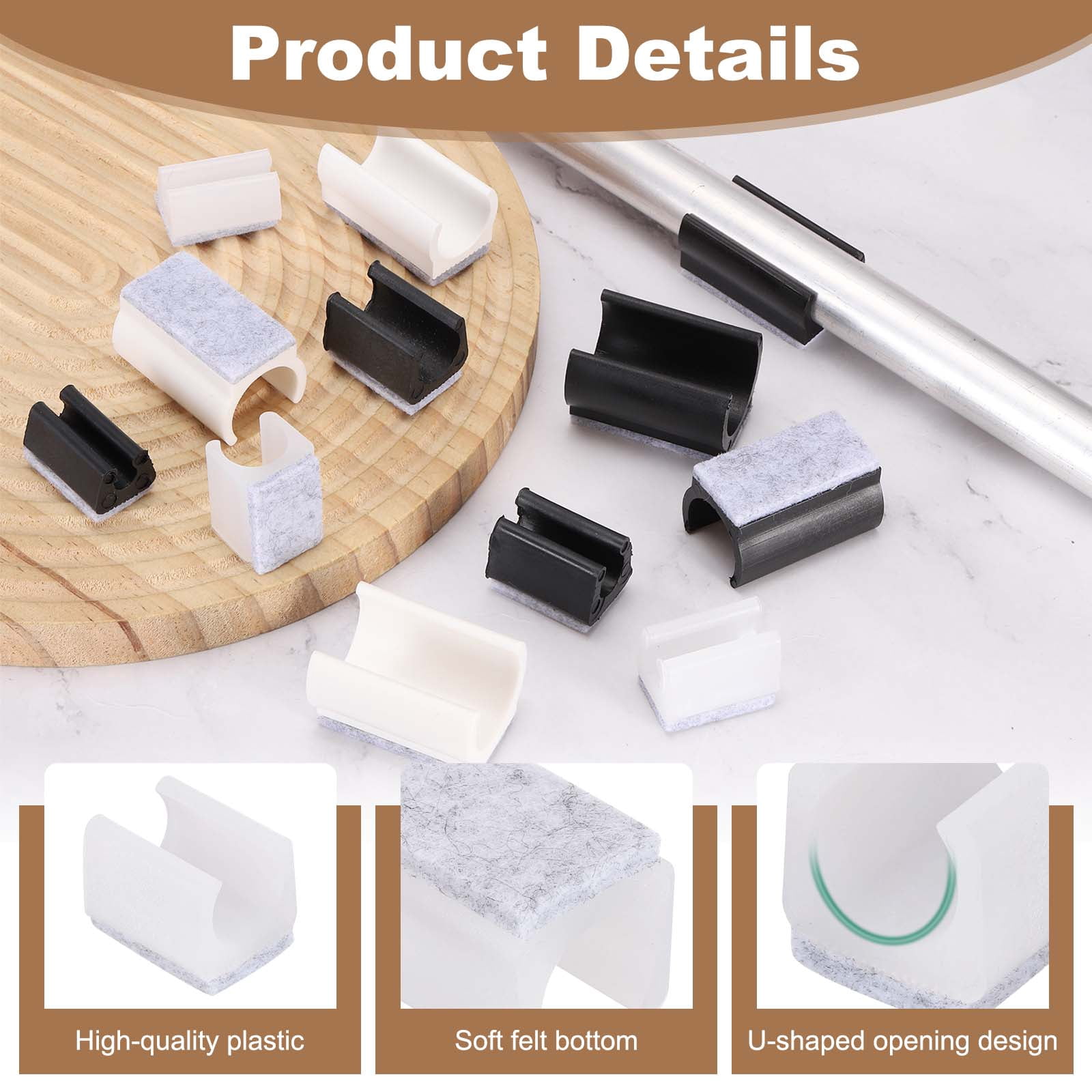 32 Pack Rectangle U Shaped Chair Leg Caps with Felt Pads, Fit 25mm Dia Tubular Legs, Slide Smoothly Furniture Feet Protectors No Scratches No Noise for Hardwood Floors, White