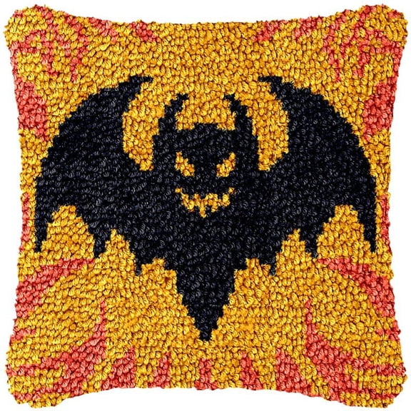 Halloween Bat Latch Hook Pillow Cover Kits for DIY Handmade Throw Pillow Cross Stitch Latch Hook Pillowcase Rug Kits with Preprinted Color Pattern Canvas Crochet Yarn Kits 17''X 17''(bs41)