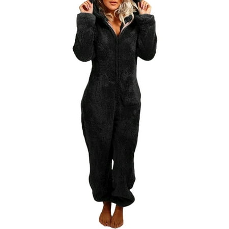 

Julycc Womens Fluffy Fleece Hooded Teddy Bear Romper Pajamas Sleepwear Jumpsuits Plus Size