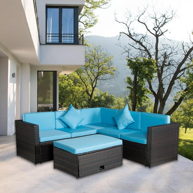 4 Pieces Patio Conversation Sets on Clearance, 4 Pieces Outdoor Wicker Patio Furniture Set with Seat Cushions & Tempered Glass Dining Table, Wicker Sofa Sets for Porch Poolside Backyard Garden, S8177