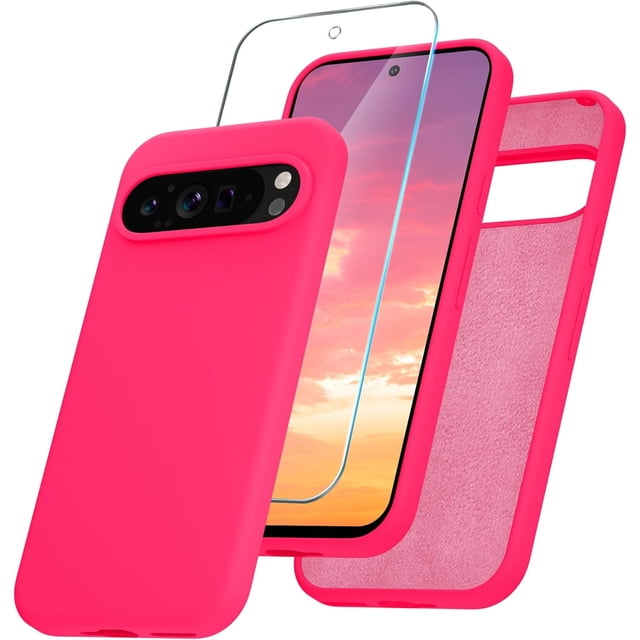 KOMI for Google Pixel 9/9 Pro Case, Silicone Phone Case with 1 Screen Protector, Soft Anti-Scratch Microfiber Lining, Full Body Shockproof Slim Cover Support Wireless Charging, Hot Pink