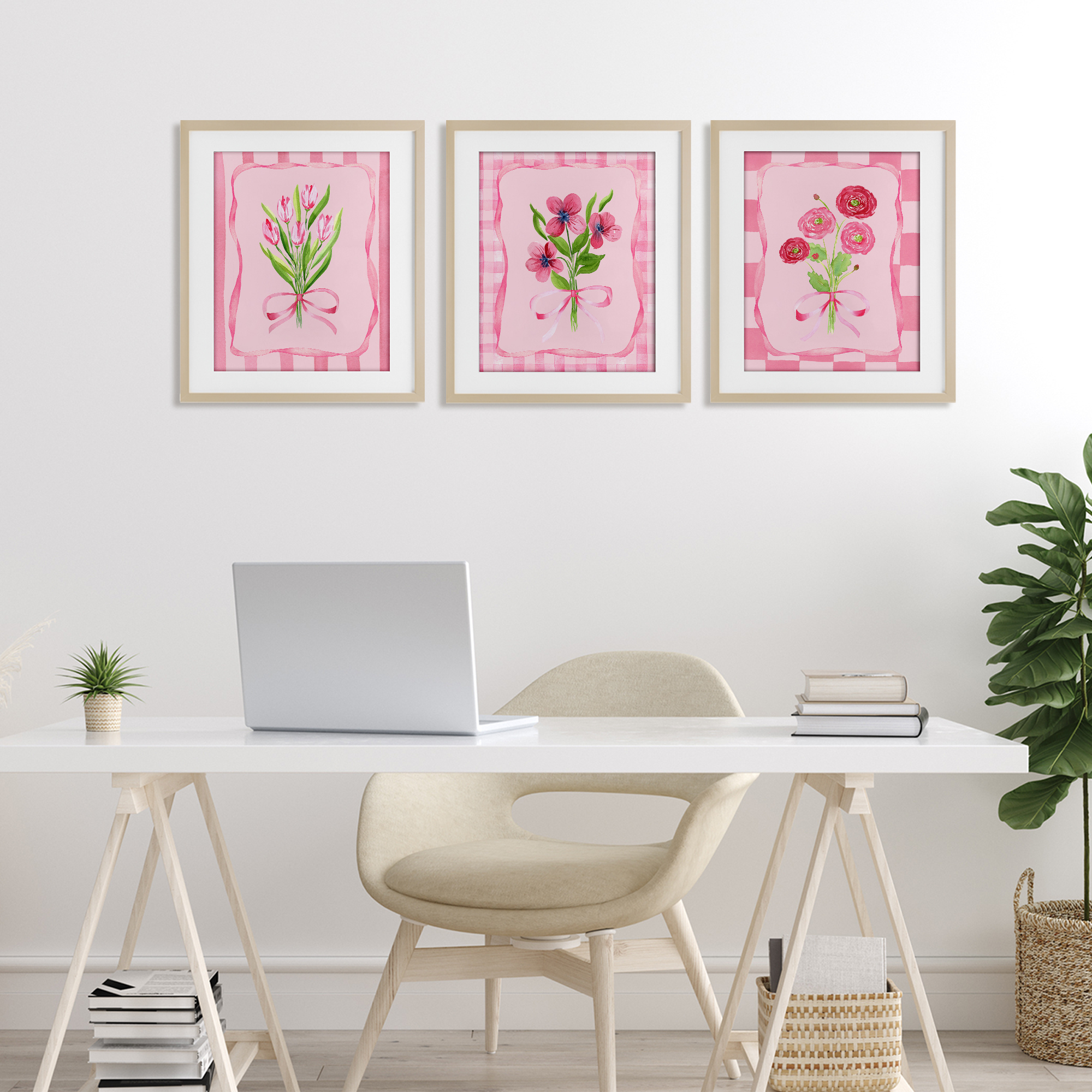 Pretty & Sweet Bordered Flowers 3 Piece Birch Framed Print Under Glass Set, design by Nina Jacobs