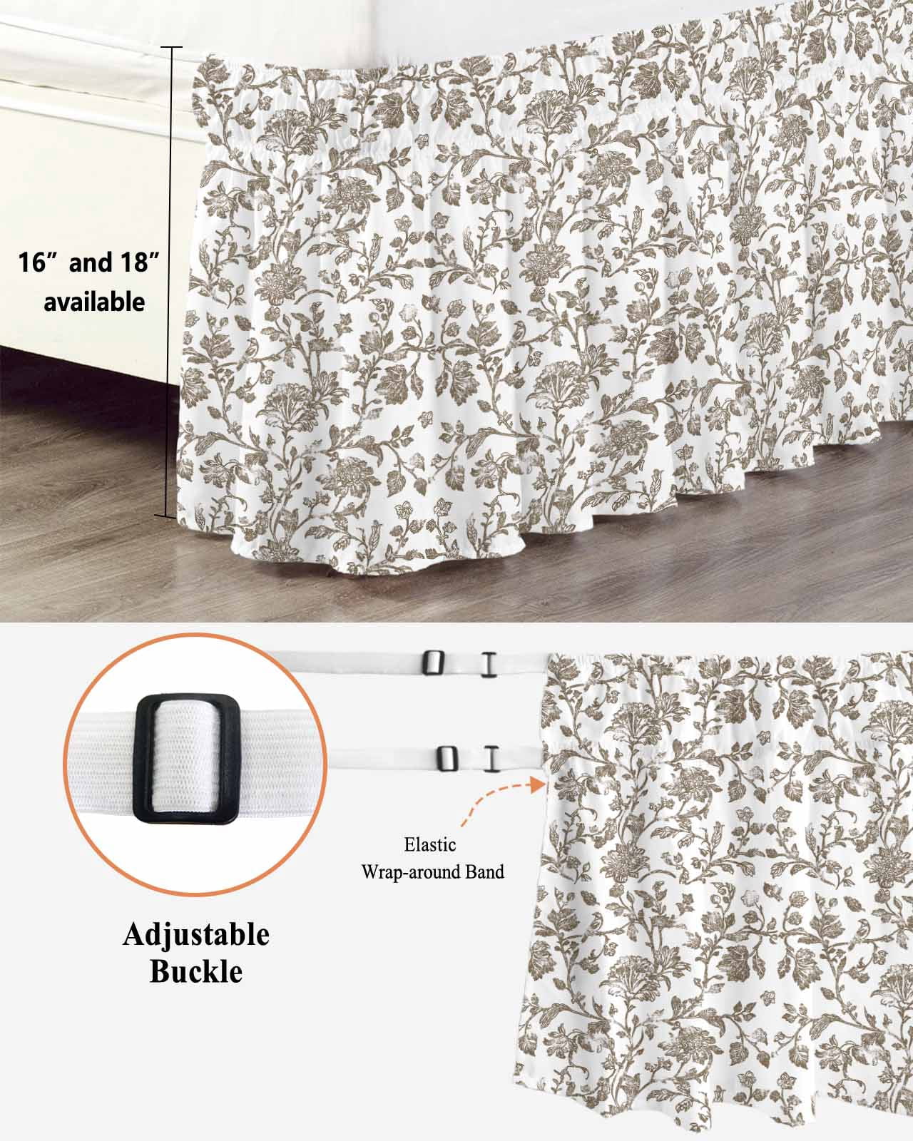 Vintage Brown Floral Bed Skirt Farmhouse Flower Pastoral Style Bed Skirts King Size 18 Inch Drop, Wrap Around Dust Ruffle&nbsp;Bedskirt with Adjustable Elastic Belt for Queen Size Beds