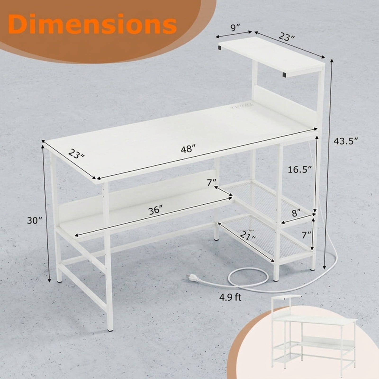 Furnibear 48 Inch Computer Desk Home Office Desk with Power Outlets and Storage Shelves for Study Workspace, White