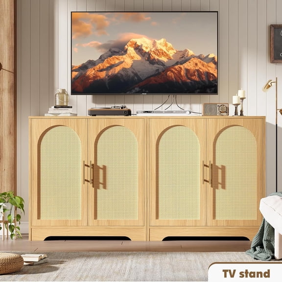 COZONY 30" Sideboard Buffet Cabinet with 2 Rattan Doors, Large Storage Console Table, Modern Coffee Bar for Living Room, Dining Room, Entryway,Wood color