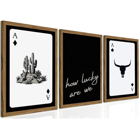 Western Wall Art Set of 3, Blue Cowboy Wall Decor Trendy Southwestern Playing Card Longhorn Bull Skull Poster Canvas Aesthetics Prints for Bedroom Living Room 16x24 inch Wood Framed