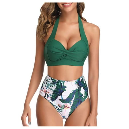 WREESH Women s Vintage 2-Piece Swimsuit Set  Retro Ruched High Waist Print Bikini  Fashion Split Olive Green