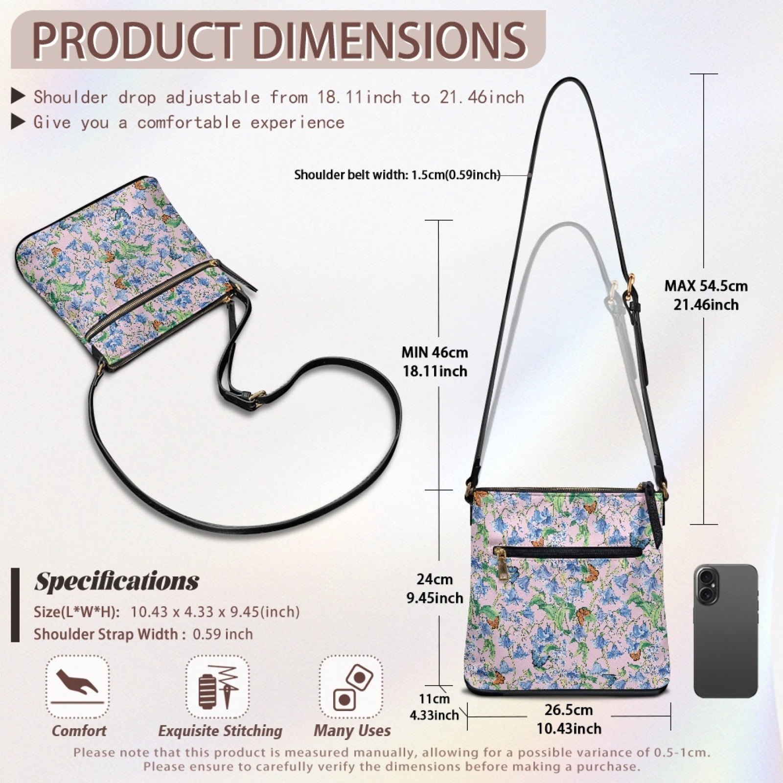 ZUXONGSY Bellflower Butterfly Print PU Leather Crossbody Bags for Women Casual Shoulder Purse Bag Handbags purpose Crossbody Travel Purse Phone Wallet with Zipper for Workout Shopping
