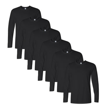 Gildan Men's Long Sleeve T-Shirt, Casual Crewneck Pullover, Stylish Long Sleeve Tee, Black T-Shirt Pack of 6, XL
