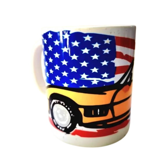 Hand Crafted American Muscle Classic Sports Car with American Flag ceramic mug