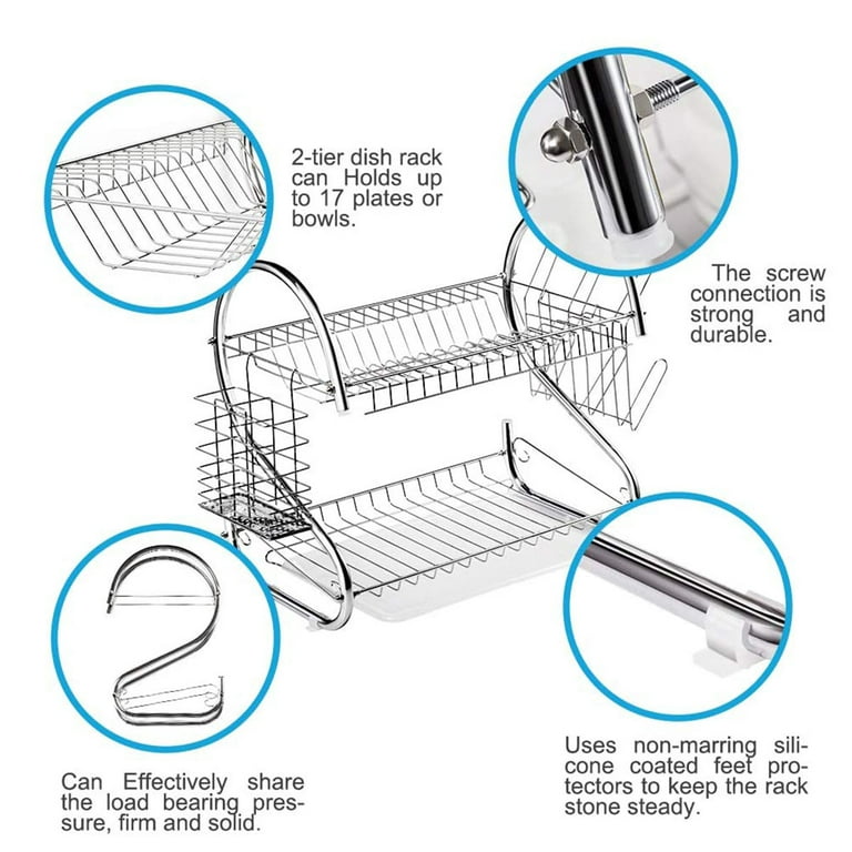 Seenda Over Sink Dish Drying Rack, 2 Tier Dish Drainer with Trays,  Stainless Steel Utensil Holder Cup Holder Large Dish Rack Over Sink for  Kitchen Counter 