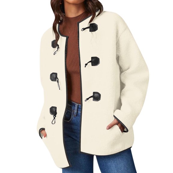 XPMWRP Women's Fleece Oversized Button Jacket Casual Long Sleeve Solid Color Winter Warm Loose Coats With Pockets Beige XXL