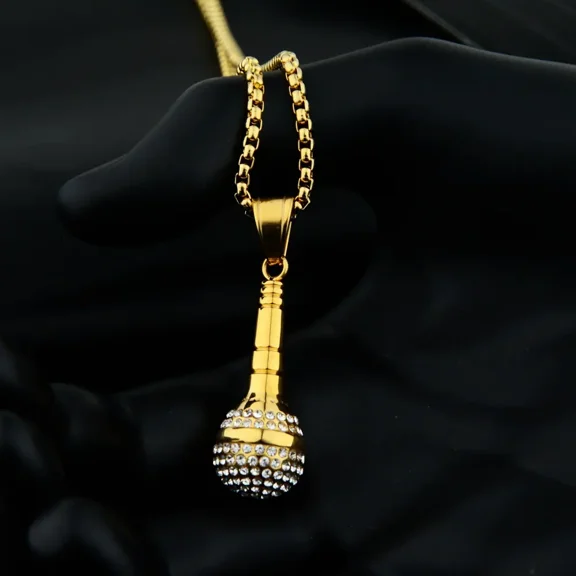 Hip Hop Iced Out Bling Microphone Pendants Necklace For Women/Men 14K Yellow Gold Chain Hiphop Rapper Music Jewelry