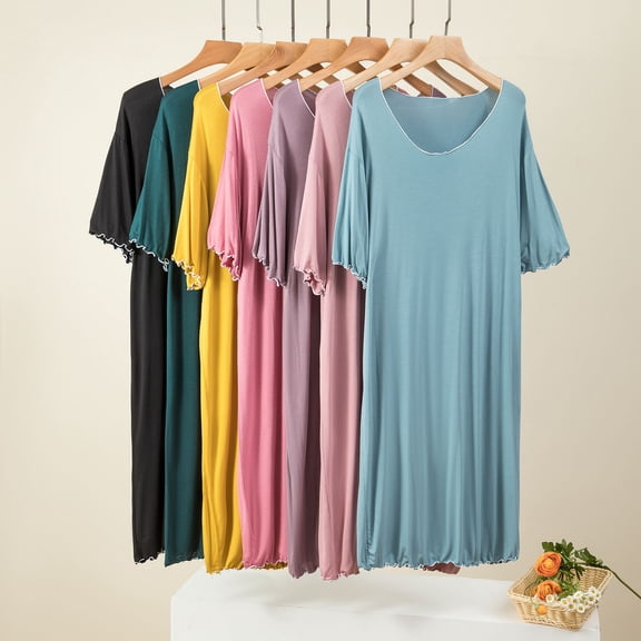 YHAJDS Sleep Shirts for Women Solid Color Loose Round Neck Short Sleeve Nightgown