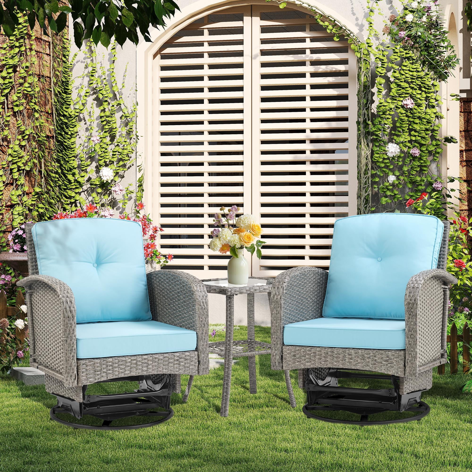 Segmart 3pcs Patio Furniture Set, Rattan Wicker Outdoor Rocking Chair with Coffee Table, Porch Deck Swivel Furniture with Cushions, for Deck Balcony
