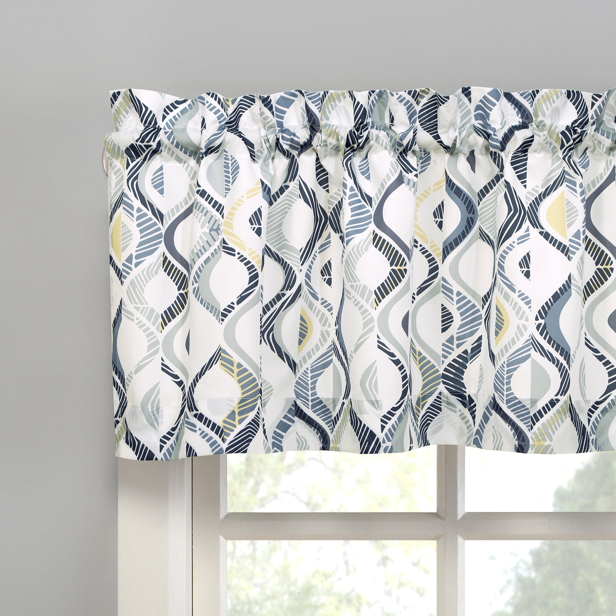 Mainstays 3-Piece Semi Sheer Rod Pocket Kitchen Window Tier Pair and Valance, 2 Café Curtains and 1 Curtain Valance, White Modern Ogee, 54"W x 36"L