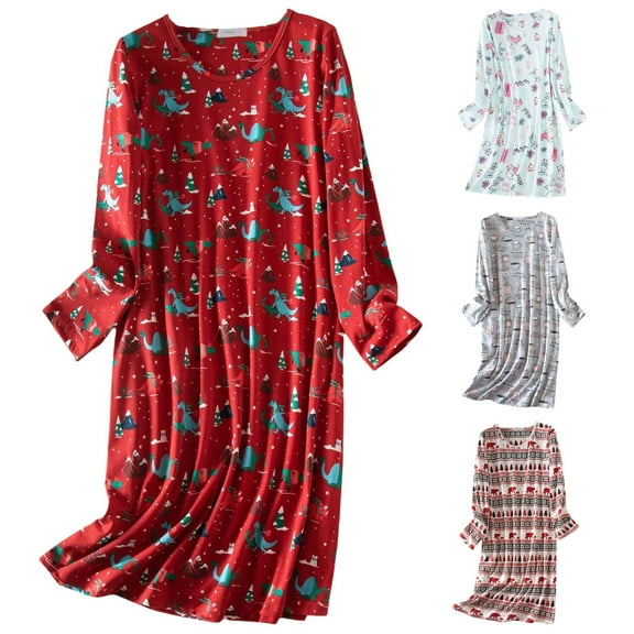 Womens Long Sleeve Nightgown Soft Printed Sleepshirt Comfortable Pajama Dress Casual Loungewear