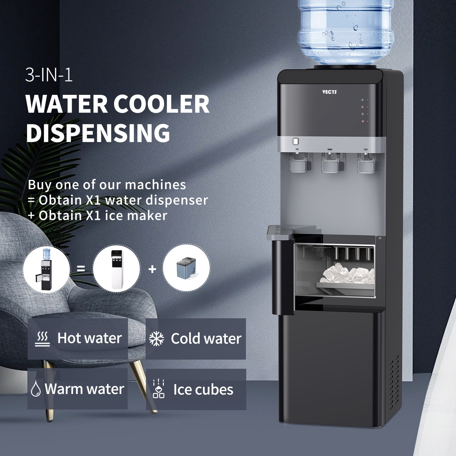 VECYS Hot Water Dispenser with Ice Maker, 27LBS Daily Ice & Child Lock