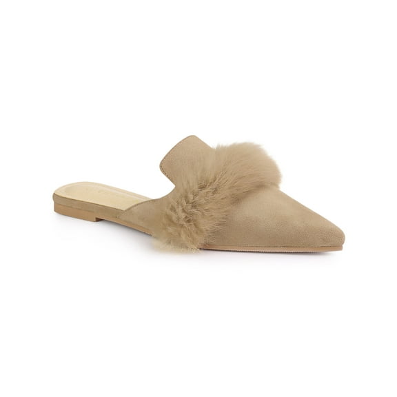 BLISSFUL STEP Women's Shoes Soft Fur Decor Pointed Toe Slip on Flat Slide Mules Beige 6