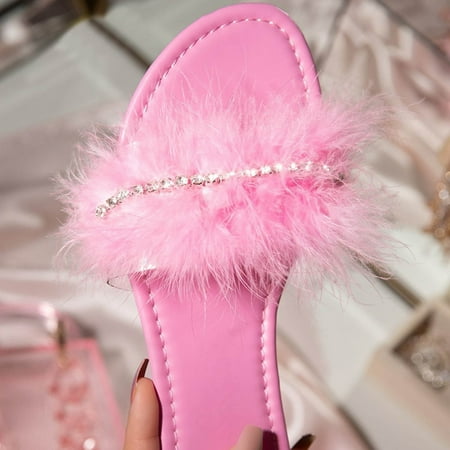 

Zpanxa Slippers for Women Summer New Style Daily Leisure One-line Rhinestone Plush Flat Slippers Women Flip Flops for Women Hot Pink 36