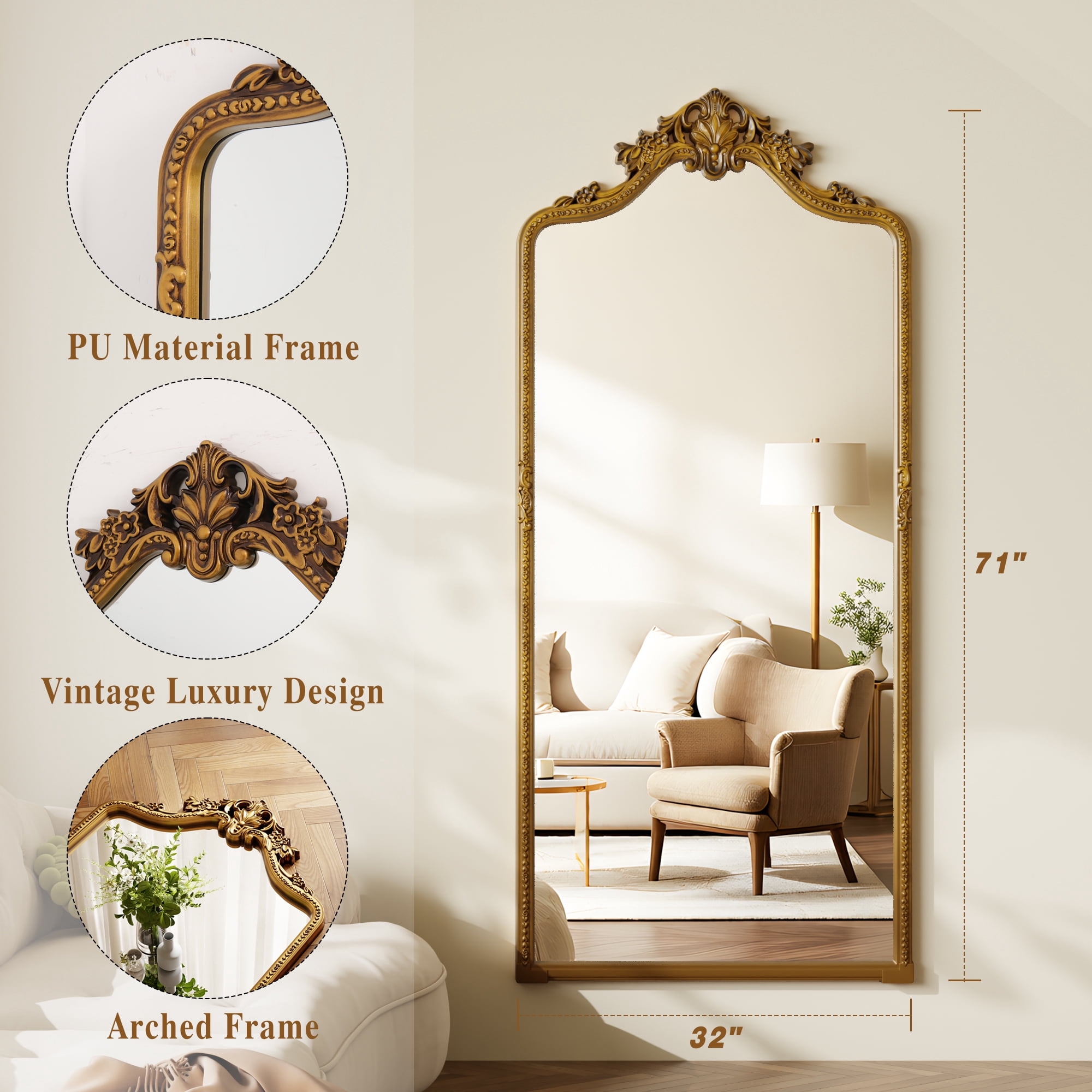 SHATTERVIEW 71"x32" Arched Floor Mirror Vintage Full Length Mirror with Carving Design, Antique Gold