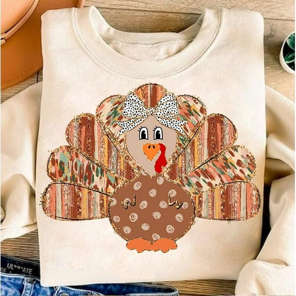 Colorful Gold Glitter Turkey Sweater, Girly Fall Pumpkin Shirt, Dalmatian Bow Autumn Thanksgiving Top with Brushstroke