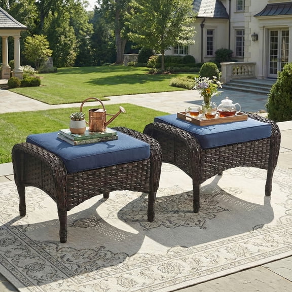 Unnifurnzi Patio Ottoman Set of 2-All Weather Wicker Outdoor Footstool with Removable Cushions Outdoor Olefin Fabric Outdoor Foot Rest for Deck Porch Balcony Garden-Brown/Blue