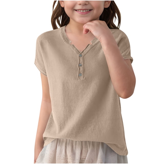 Posijego Girls Spring Sweaters 2025 Knit Short Sleeve Button V Neck Shirt Casual Pullover Sweater Tops for Kids