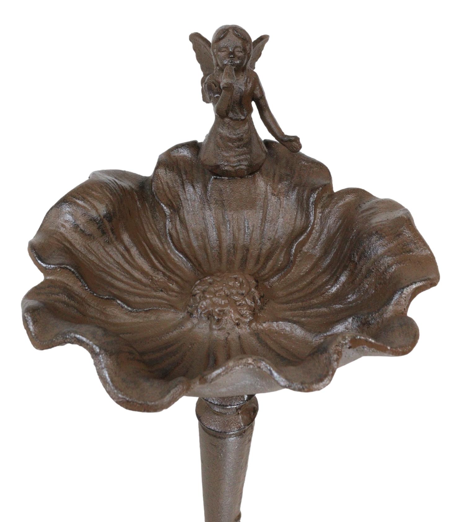 Cast Iron Whimsical Fairy Pixie On Flower Bird Feeder Or Bath Garden Statue