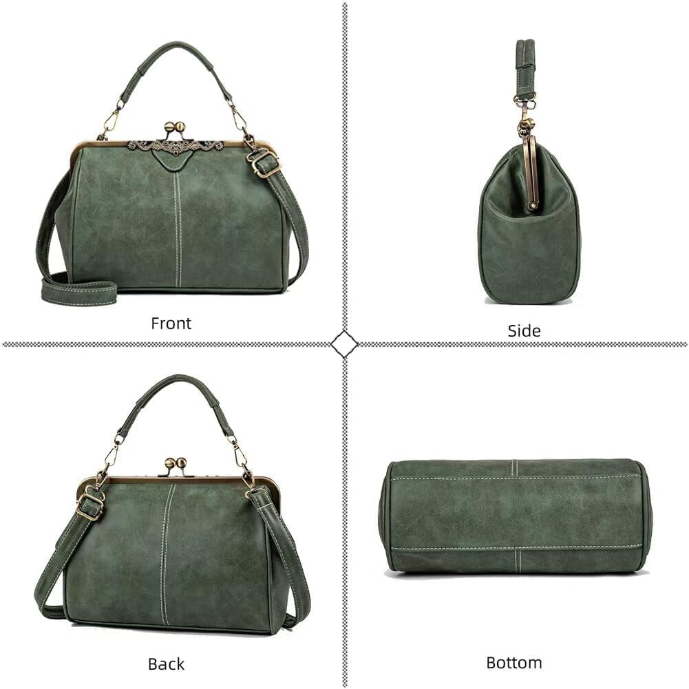 Handbag for Women Leather Shoulder Bag Kiss Lock Top Handle Satchel Purse Vintage Crossbody Bag Evening Clutch Purses