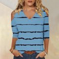 thumbnail image 3 of Dvprdro Women's Casual 3/4 Sleeve Off-Shoulder Tops Trendy Striped Printed V-Neck Cut Out Comfortable Stylish Tops for Women Blue 2XL, 3 of 5