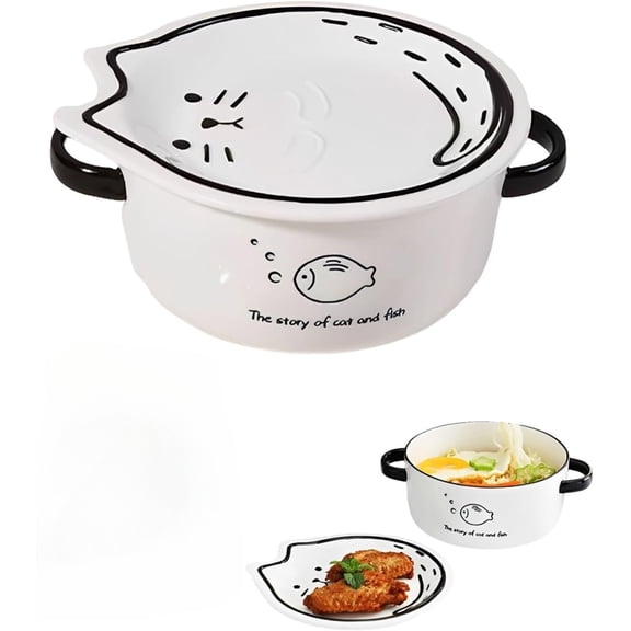 Soup Bowl with Plate Lid, Meal Mugs with Cat Shape Plate, Ceramic Kawaii Cute Breakfast Mugs for Office Home Decor, Funny Novelty Gifts for Cat Lovers