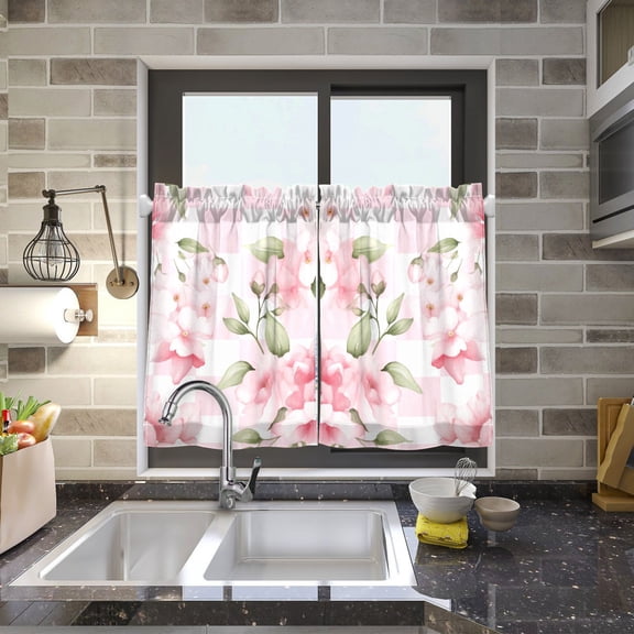 Pink Flowers Grids Kitchen Curtains Half Tier Curtain 2 Rod Pockets Bathroom Bedroom Cupborad Living Room 27"x24"