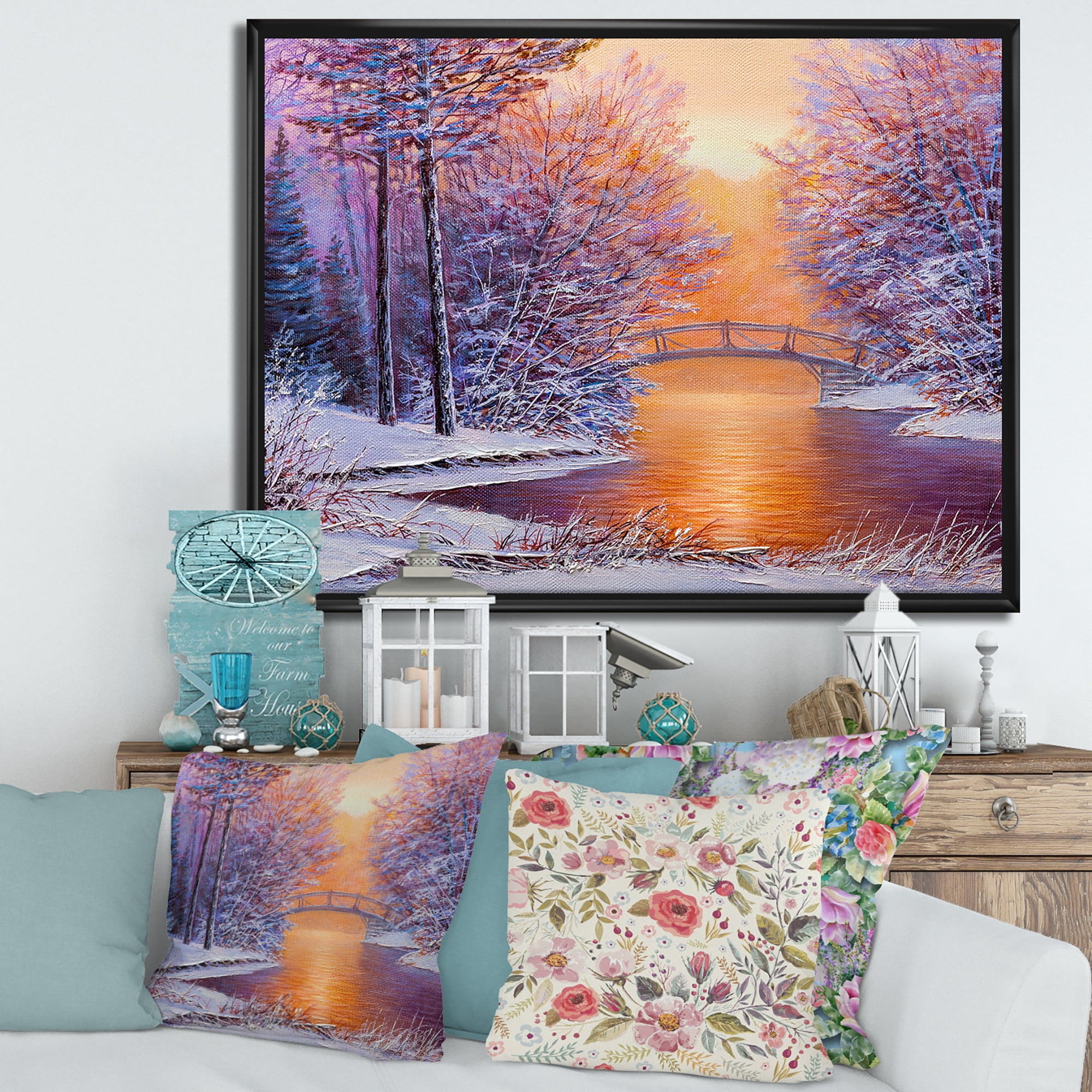 Designart 'Winter Landscape With Bridge Over The River' Traditional Framed Canvas Wall Art Print