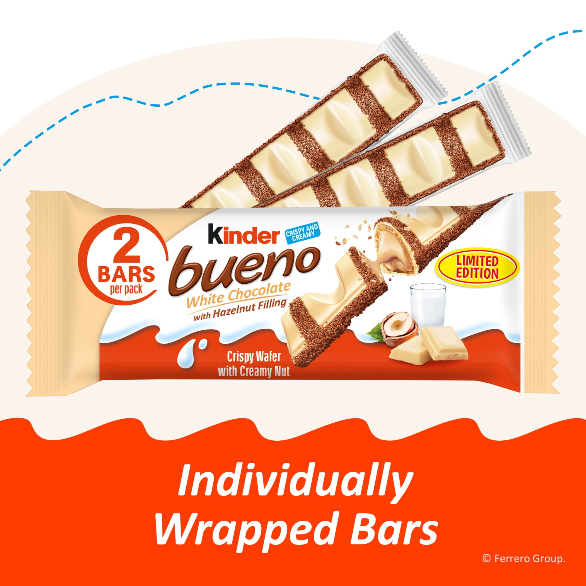 Kinder Bueno White Chocolate Bar with Crispy Wafer and Hazelnut Filling, 2 Individually Wrapped Bars per Pack - 1.4 oz