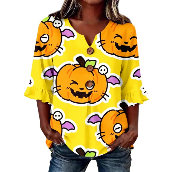 MVRLSH Shirts Tops for Women Half Button Down V Neck Three Quarter Sleeve Loose Fit Summer Cotton Casual Blouse Yellow - XXL