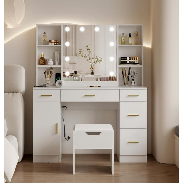 Vanity Desk with 3 Color Lights,Makeup Vanity Brightness Adjustable, Table Set Dressing Table with 5 Drawers ,6 Open Shelves & 1 Cabinets and Multiple Shelves for Adult