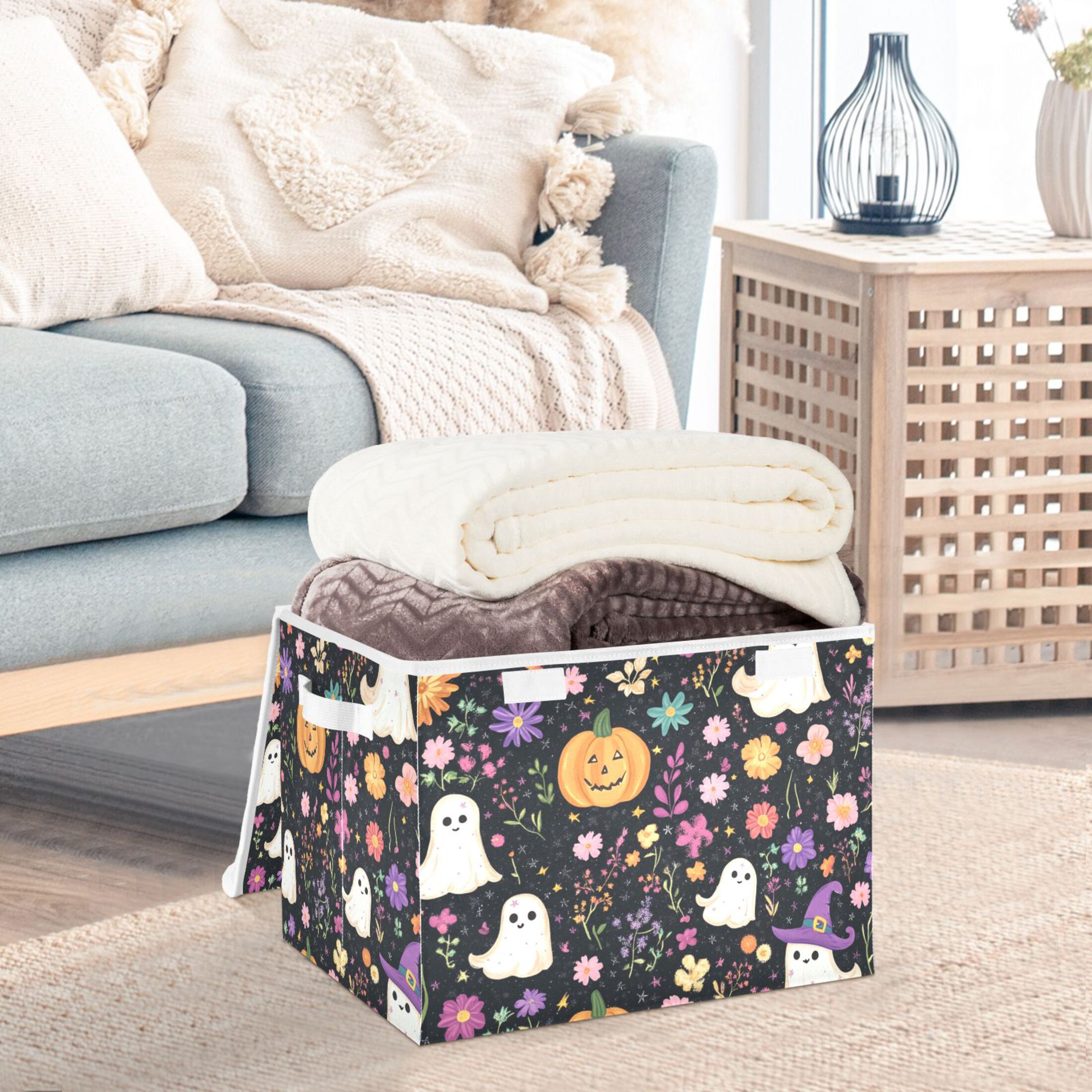 Halloween Specters Pumpkins Flowers Crayon Painting Foldable Storage Bin with Lid and Handle Collapsible Storage Box 16.5 x 12.6 x 11.8 inches
