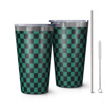 16oz Tumblers Teal and Black Checkerboard Pattern Stainless Steel Vacuum Insulated Double Wall Travel Tumbler Cups Mug with Lid and Straw,Cleaning Brush for Coffee,Tea