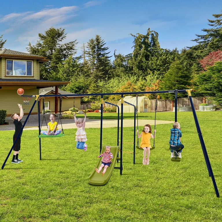 Gymax 660 lbs Kids Metal Swing Set for Backyard 7-in-1