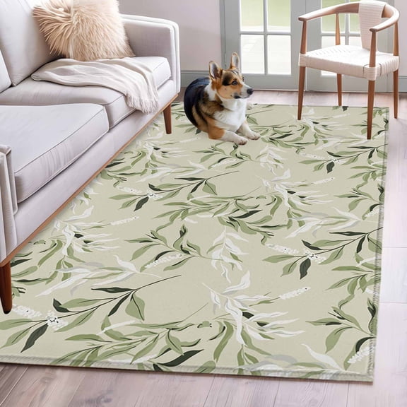 Green Eucalyptus Leaves Area Rugs 2.7'x5', Washable Small Throw Rugs for Kitchen Bedroom, Spring Watercolor Plant Textured Indoor Outdoor Rug Non-Slip Low Pile Carpet Runner Reversible Floor Mats