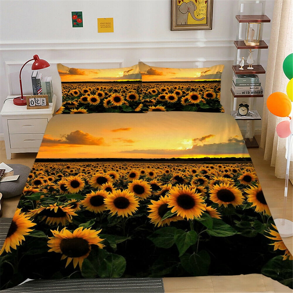 Kepooman 100% Brushed Microfiber Duvet Cover Set, 3 Pieces Super Soft Sunflower Printed Bedding Set, Full Size