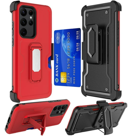 Ultra Rugged Hybrid Kickstand Case with Card Slot and Belt Clip Holster for Samsung Galaxy S23 Ultra - Red