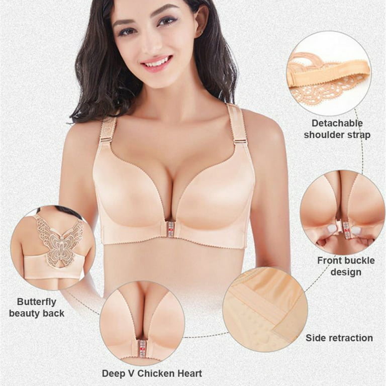 Women's Plus Size Sexy Push Up Bra- Front Closure Butterfly Brassiere  Backless Bralette Breast Seamless Bras Large Size Cup Brassiere,Beige,34C 