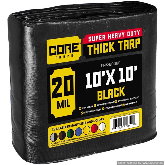 Core Tarps 20 Mil Heavy Duty Tarp Tarpaulin Waterproof Cover, Black 10' x 10'
