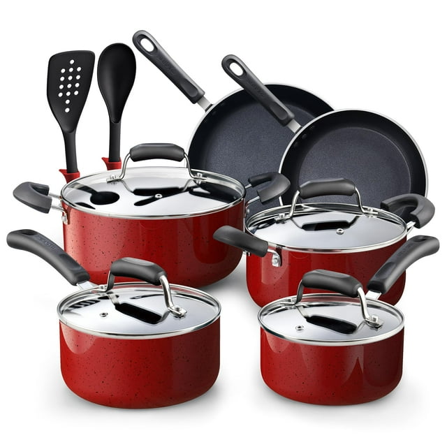 Juego de utensilios de cocina Cook N Home, antiadherentes, 12 piezas, color rojo mármol