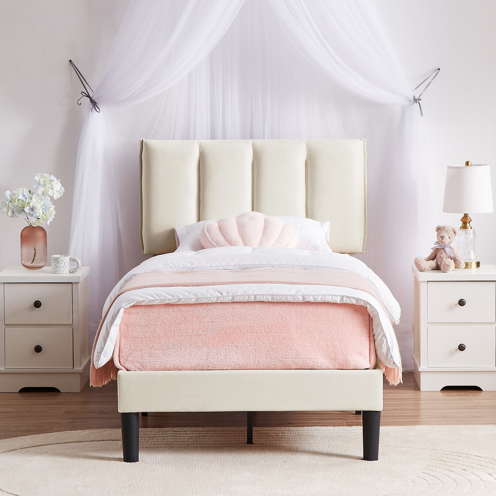 VECELO Twin Size Upholstered Platform Bed Frame with Adjustable Headboard, Wooden Slats Support, No Box Spring Needed/Easy Assembly, Beige